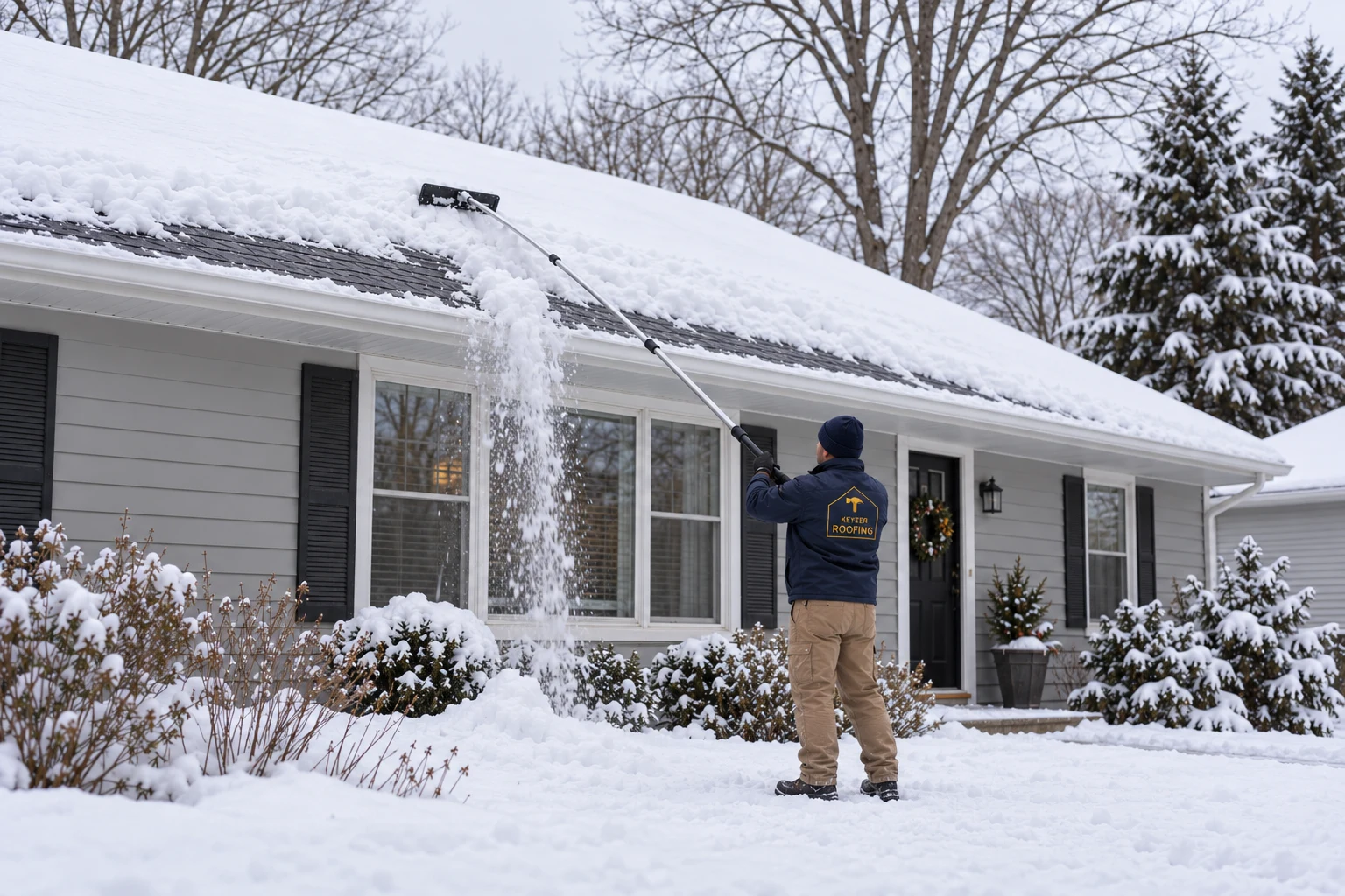 AI concept: a Keyzer-branded worker using a long roof rake to remove snow from a Southwest Michigan-style home.