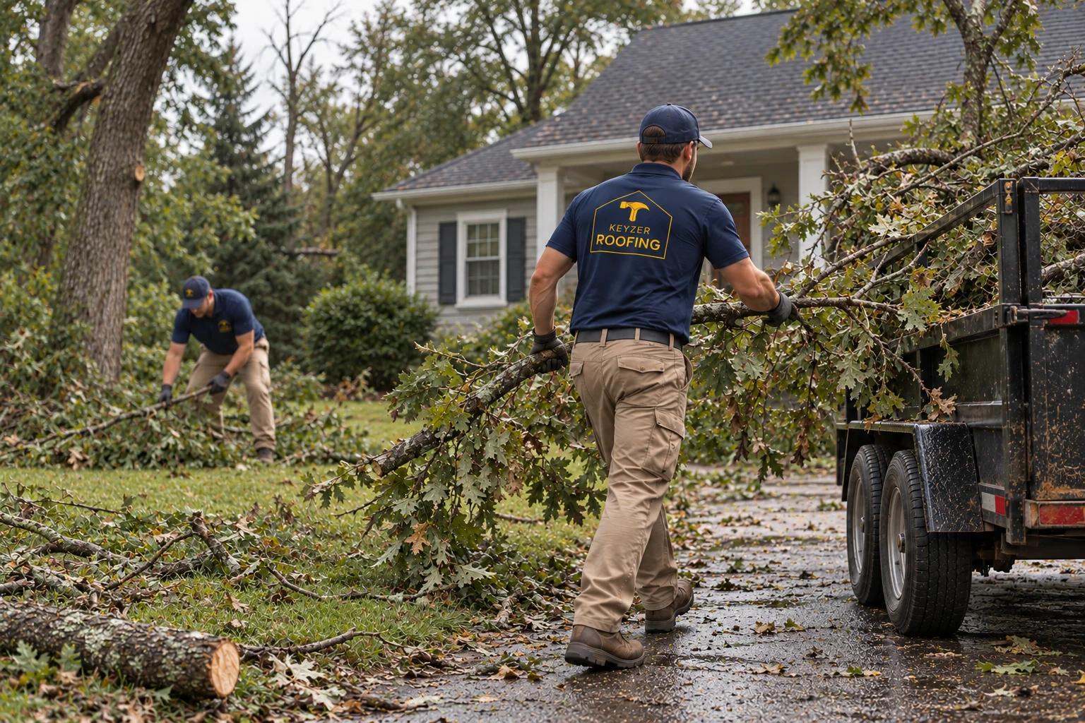 AI concept: Keyzer-branded workers gathering fallen branches and brush into a utility trailer beside a Southwest Michigan-style home.